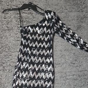 One-Shoulder Black and Silver Sequin Dress